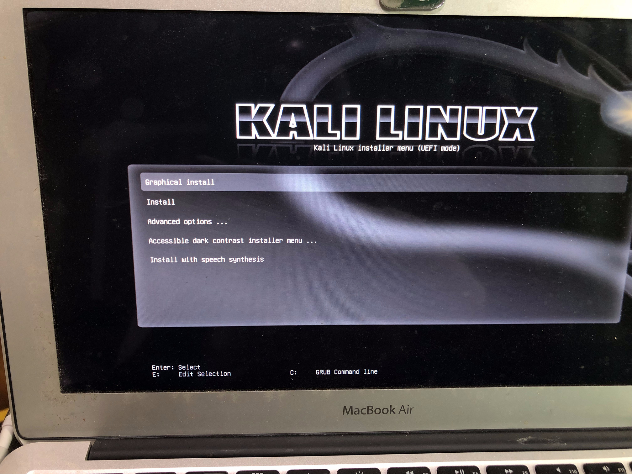 Figure 9. Kali Linux installer booting on the MacBook Air
